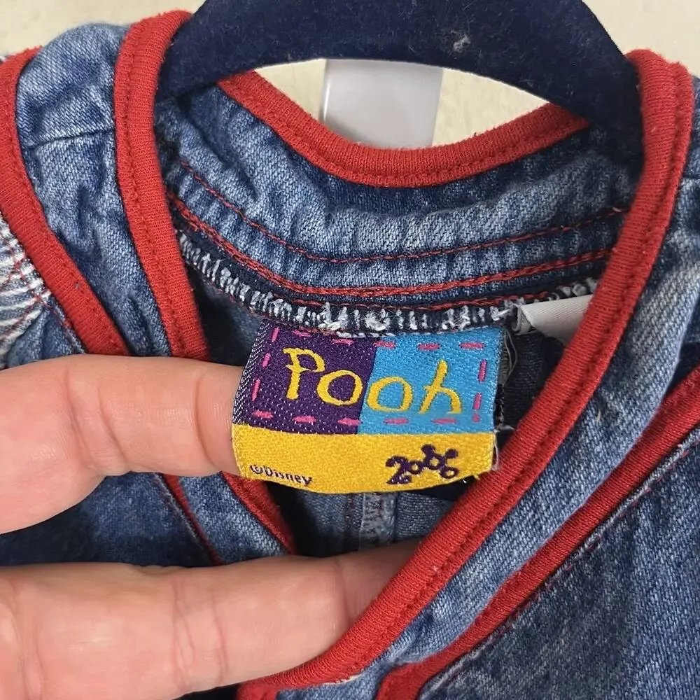 Vintage Y2K Disney Winnie the Pooh Denim Romper Baby 18M Baseball Shortall 2000